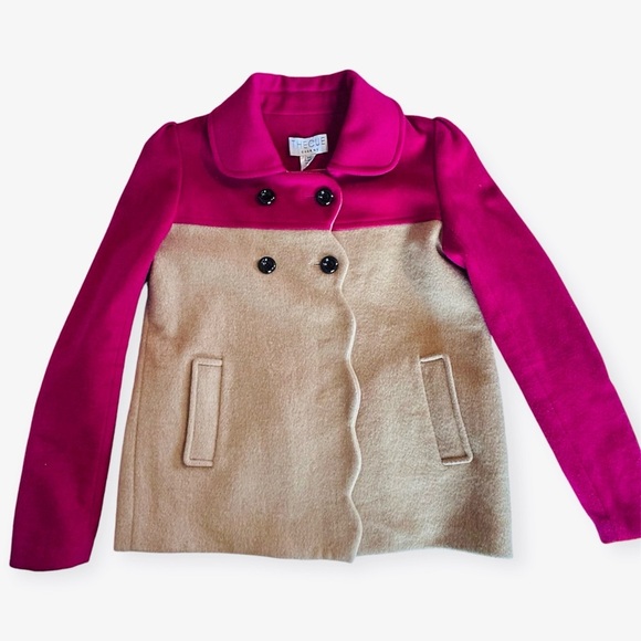 THE CUE by Cher Qu Color Block Pea Coat Size XS 100% Cashmere Wool Magenta Tan - Picture 2 of 12